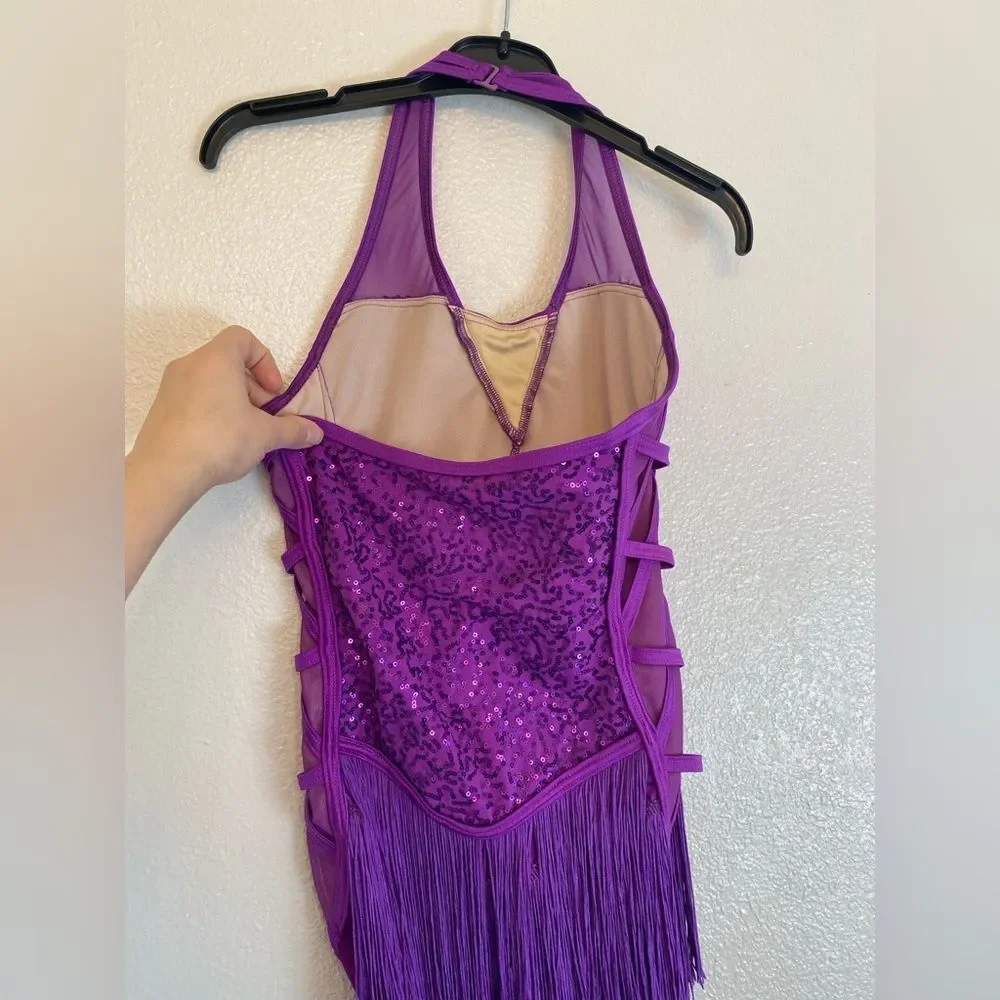 WEISSMAN Dance purple sequin fringe Costume Sequin Fringe Halter Dress D11806 SA